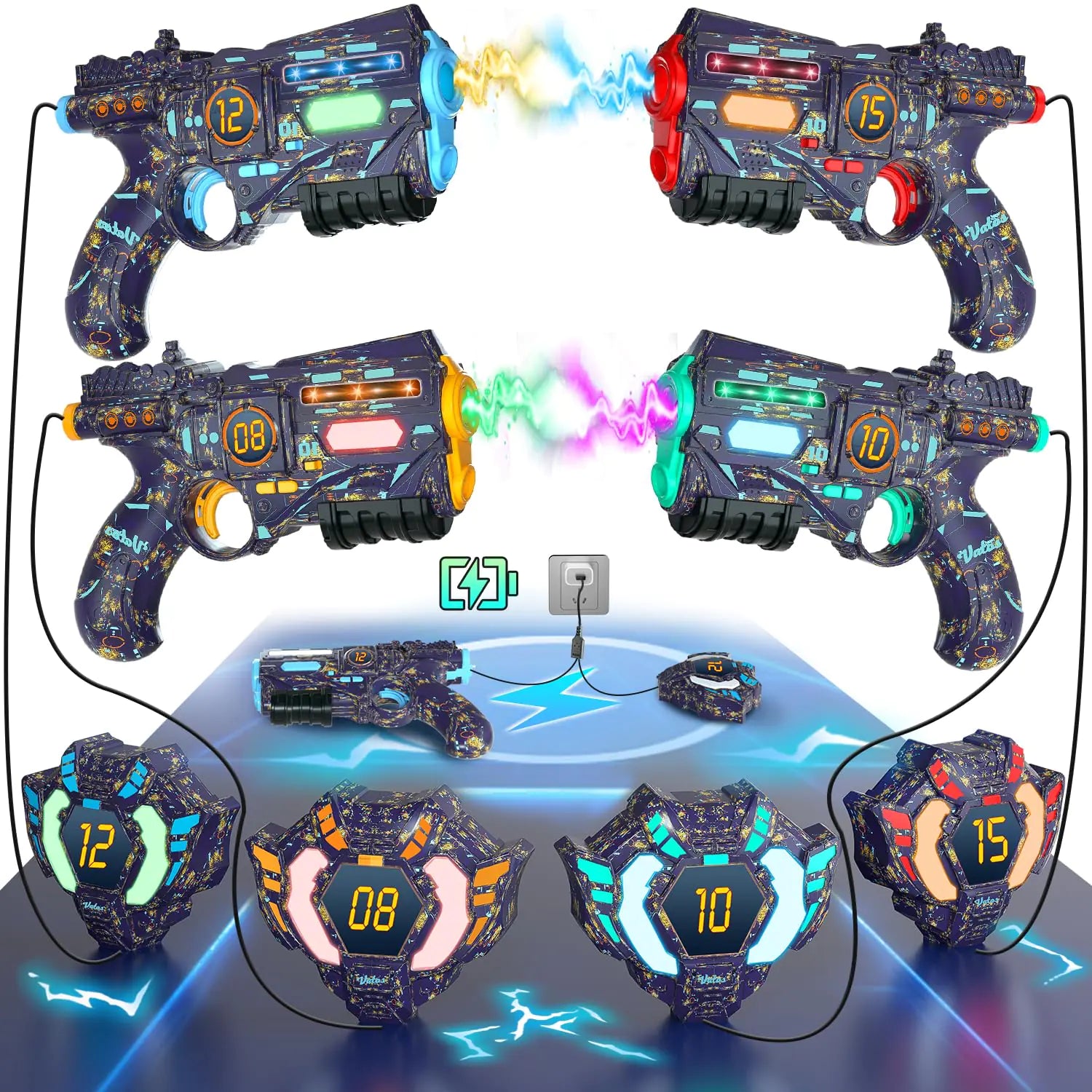 VATOS Rechargeable Real-time Data SYNC Laser Tag Gun - Infrared Laser Tag Sets of 4 Gun 4 Vest with Glowing Light Lazer Tag Game for Adults Laser Tag Gun Set of 4 for Boys Girls Age 6-12 Years Old