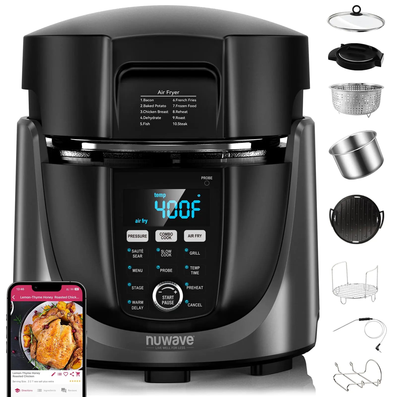 Nuwave Duet Electric Pressure Cooker & Air Fryer Combo 450 IN 1 Slow Cooker & Grill with Integrated Digital Temp Probe 6qt SS Pot Adjustable High/Low Pressure Built-in Sure-Lock Safety Tech